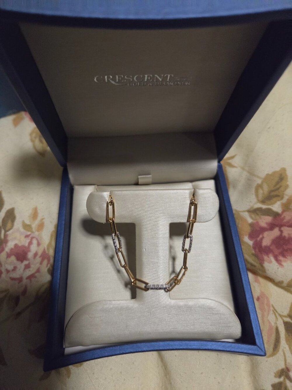 Crescent Gold paperclip chain with diamonds
